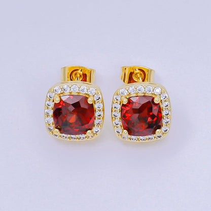 24K Gold Filled Red Square-Shaped &amp; Micro Paved CZ Curvy Square Stud Earrings | AJ-120