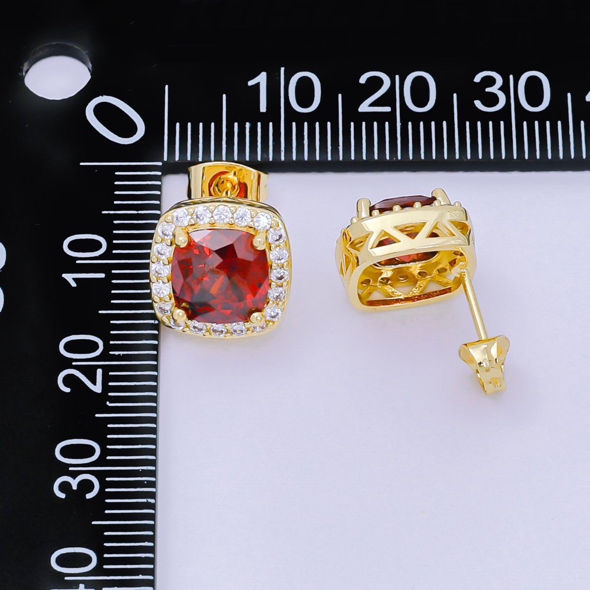 24K Gold Filled Red Square-Shaped &amp; Micro Paved CZ Curvy Square Stud Earrings | AJ-120
