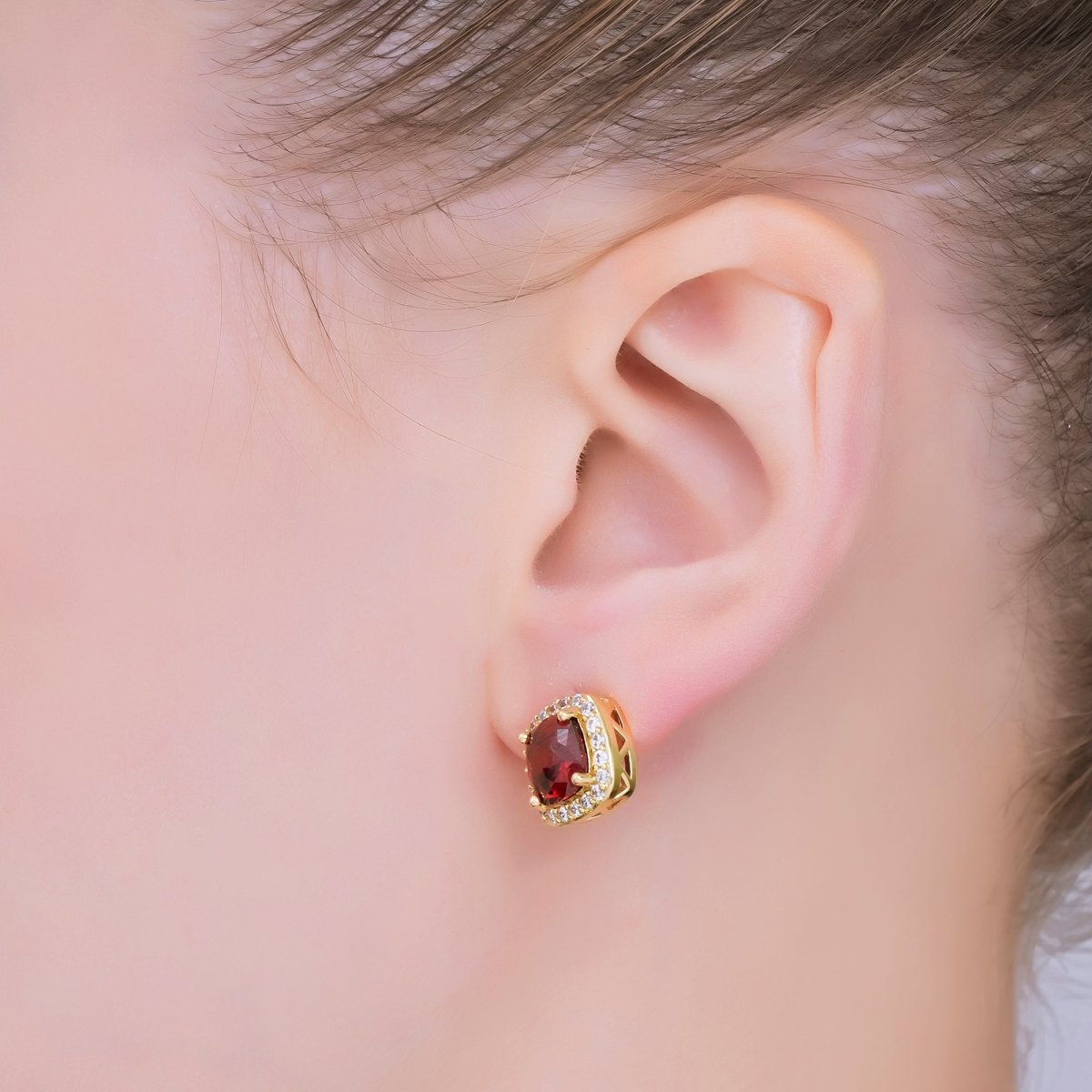 24K Gold Filled Red Square-Shaped &amp; Micro Paved CZ Curvy Square Stud Earrings | AJ-120