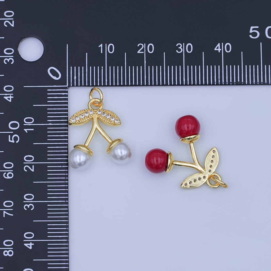 24K Gold Filled Red, White Cherry Micro Paved CZ Charm | X131