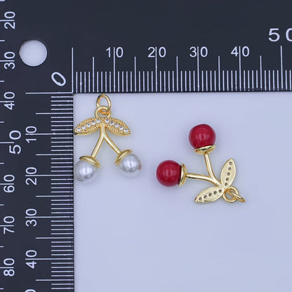 24K Gold Filled Red, White Cherry Micro Paved CZ Charm | X131