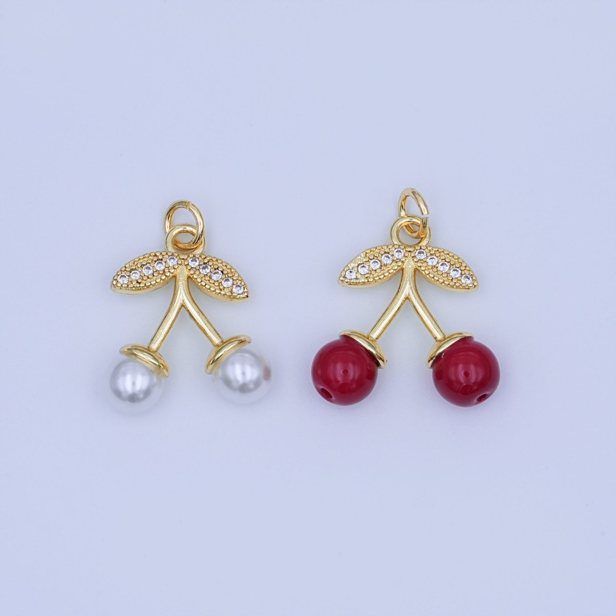 24K Gold Filled Red, White Cherry Micro Paved CZ Charm | X131