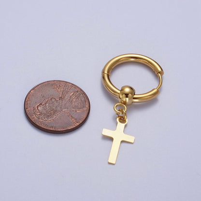 24K Gold Filled Religious Cross 18mm Huggie Drop Earrings Hoops | AD-177