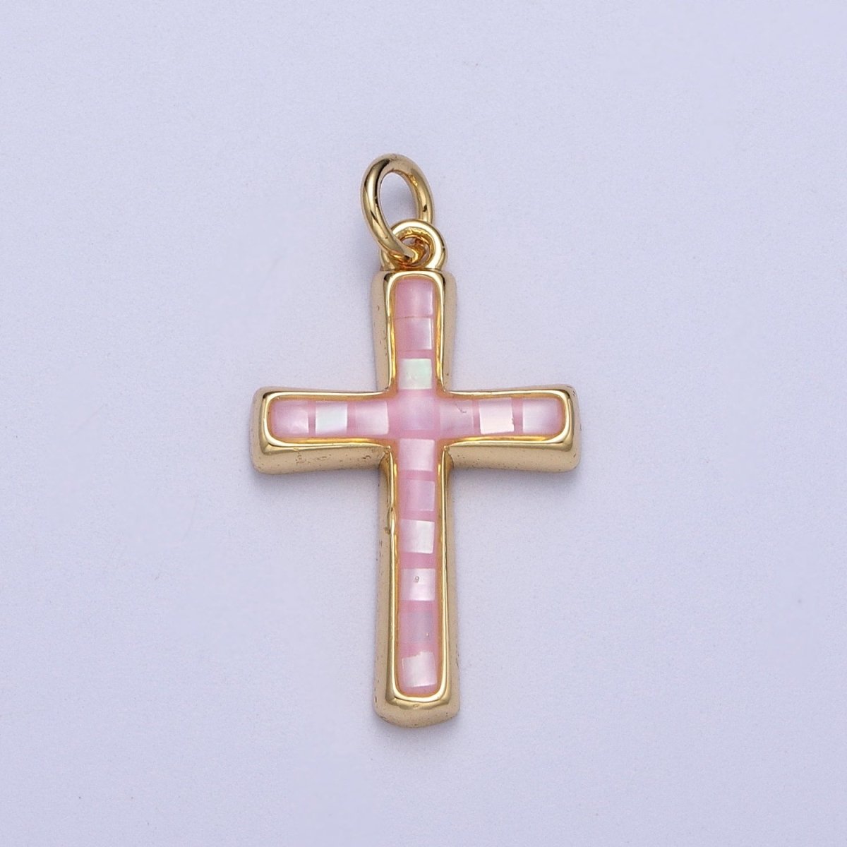 24K Gold Filled Religious Cross Black, White, Blue, Pink Shell Opal Charm | C-218 C-233 C-234 C-241