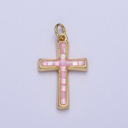 24K Gold Filled Religious Cross Black, White, Blue, Pink Shell Opal Charm | C-218 C-233 C-234 C-241