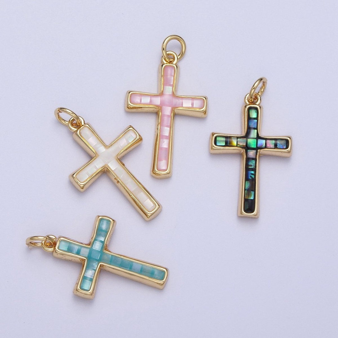 24K Gold Filled Religious Cross Black, White, Blue, Pink Shell Opal Charm | C-218 C-233 C-234 C-241