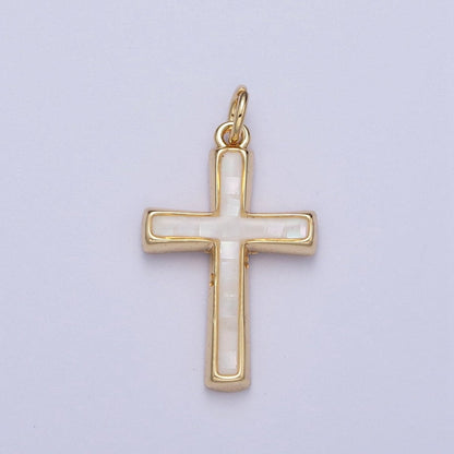 24K Gold Filled Religious Cross Black, White, Blue, Pink Shell Opal Charm | C-218 C-233 C-234 C-241