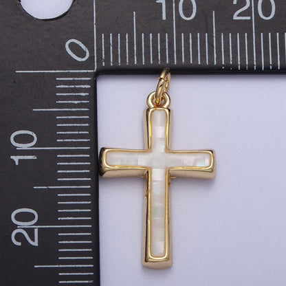 24K Gold Filled Religious Cross Black, White, Blue, Pink Shell Opal Charm | C-218 C-233 C-234 C-241