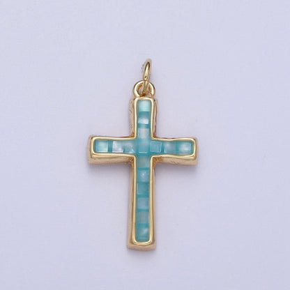 24K Gold Filled Religious Cross Black, White, Blue, Pink Shell Opal Charm | C-218 C-233 C-234 C-241