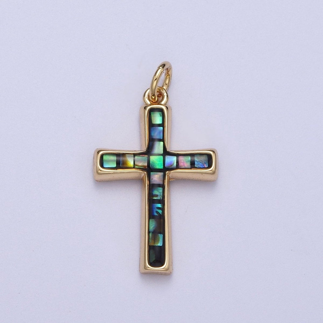 24K Gold Filled Religious Cross Black, White, Blue, Pink Shell Opal Charm | C-218 C-233 C-234 C-241