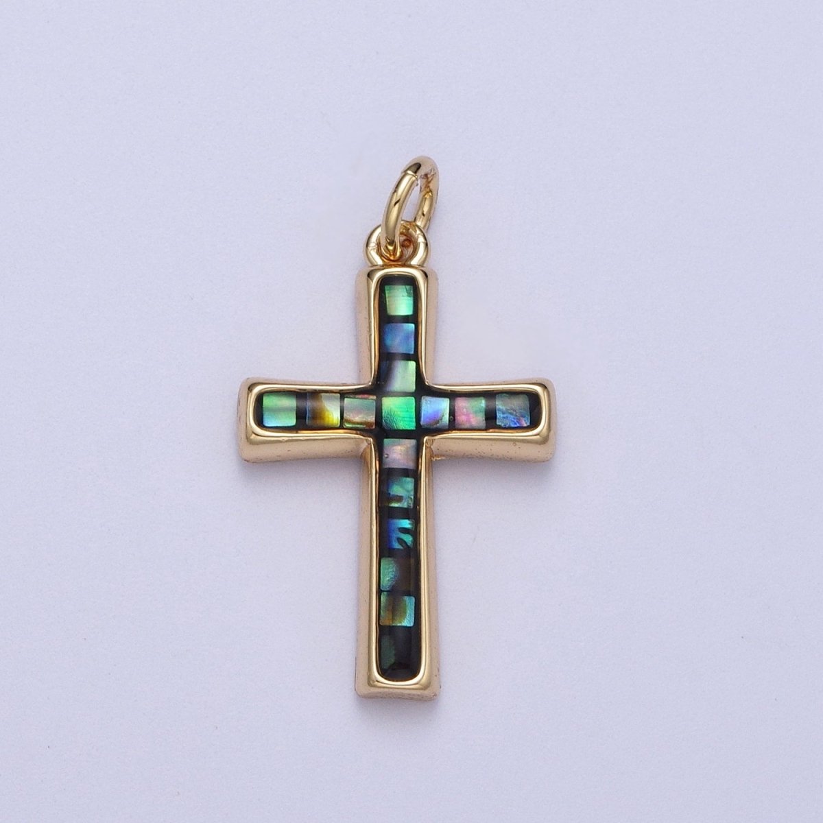 24K Gold Filled Religious Cross Black, White, Blue, Pink Shell Opal Charm | C-218 C-233 C-234 C-241