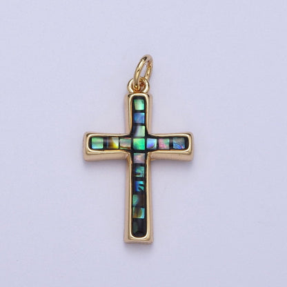 24K Gold Filled Religious Cross Black, White, Blue, Pink Shell Opal Charm | C-218 C-233 C-234 C-241