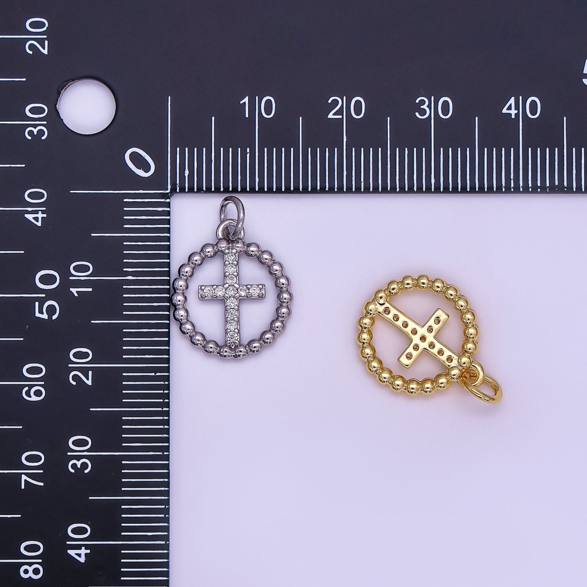 24K Gold Filled Religious Cross Micro Paved CZ Open Dotted Round Charm in Gold &amp; Silver | AF433