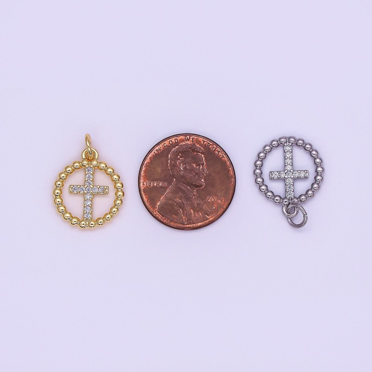 24K Gold Filled Religious Cross Micro Paved CZ Open Dotted Round Charm in Gold &amp; Silver | AF433