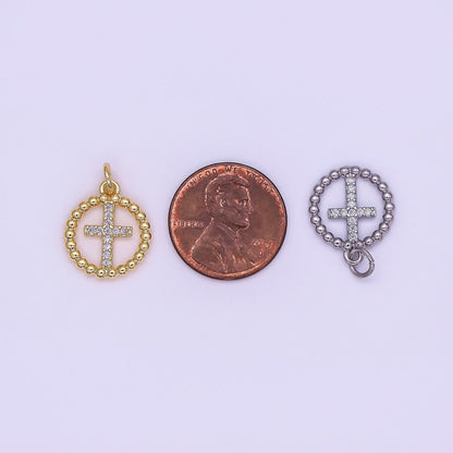 24K Gold Filled Religious Cross Micro Paved CZ Open Dotted Round Charm in Gold &amp; Silver | AF433