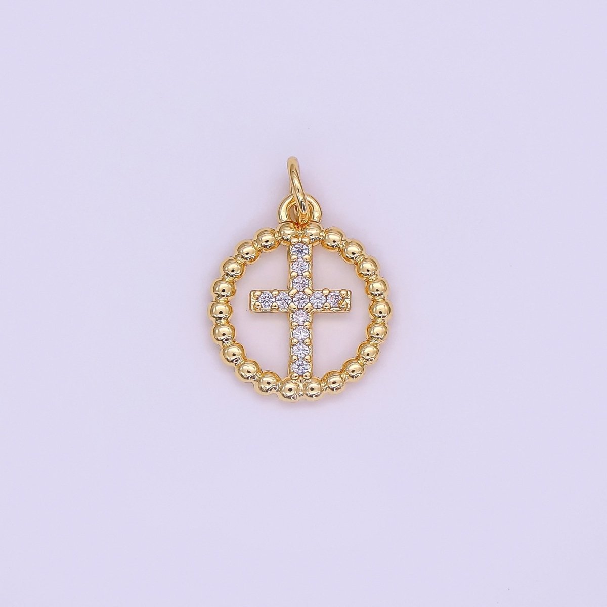 24K Gold Filled Religious Cross Micro Paved CZ Open Dotted Round Charm in Gold &amp; Silver | AF433