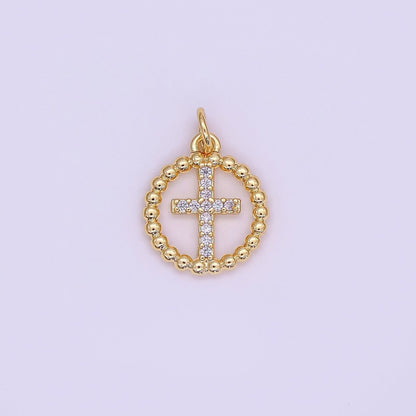 24K Gold Filled Religious Cross Micro Paved CZ Open Dotted Round Charm in Gold &amp; Silver | AF433