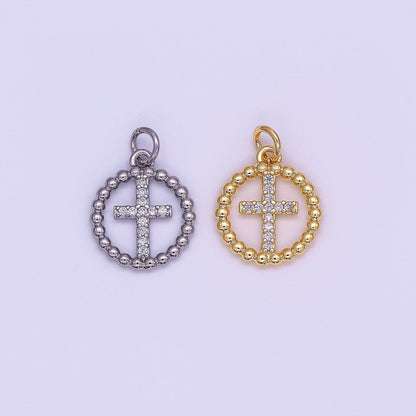 24K Gold Filled Religious Cross Micro Paved CZ Open Dotted Round Charm in Gold &amp; Silver | AF433
