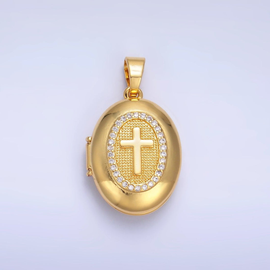 24K Gold Filled Religious Cross Micro Paved CZ Oval Locket Pendant | AA1087