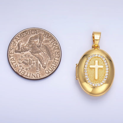 24K Gold Filled Religious Cross Micro Paved CZ Oval Locket Pendant | AA1087