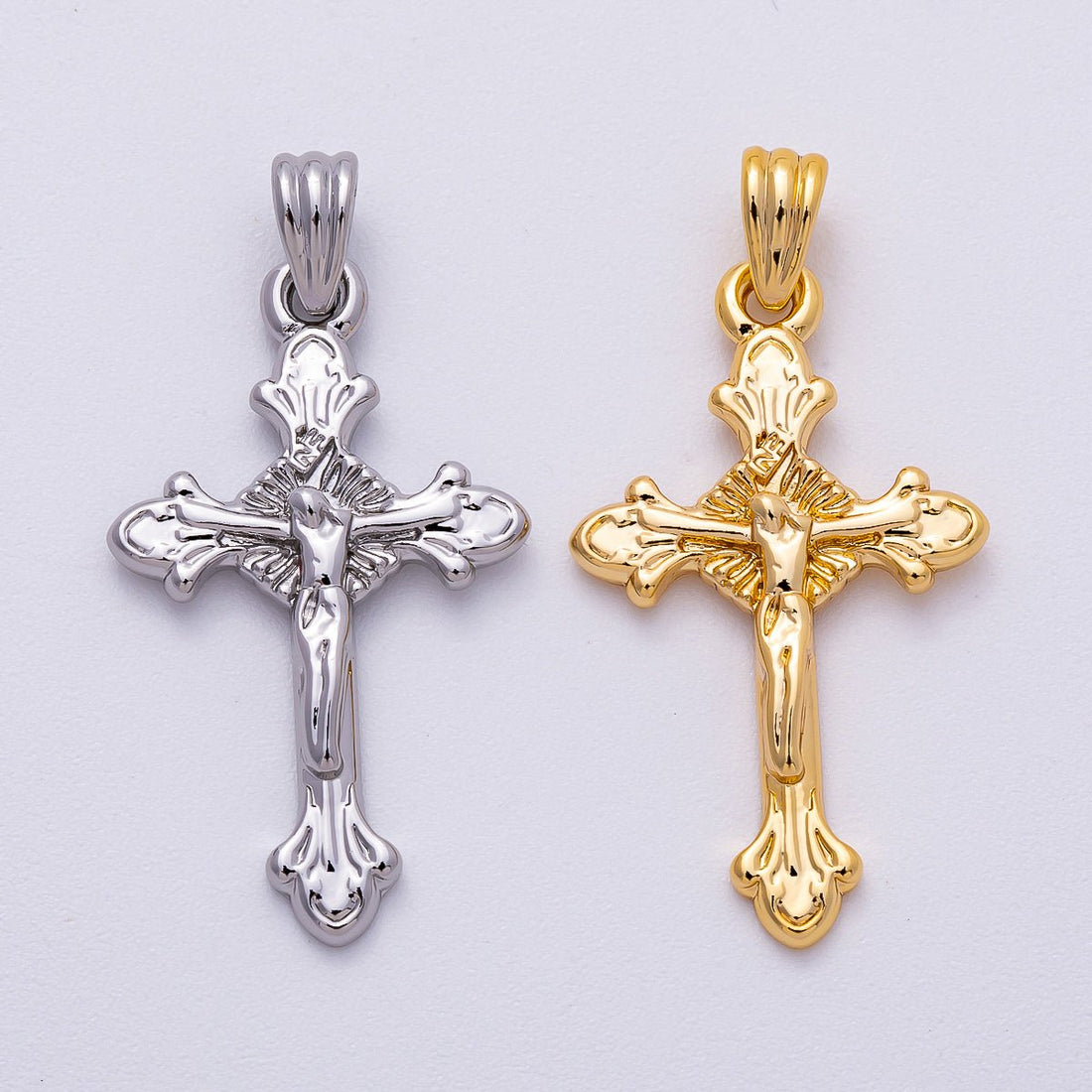 24K Gold Filled Religious Crucifix Fleur Cross Pendant in Gold &amp; Silver | AA1609