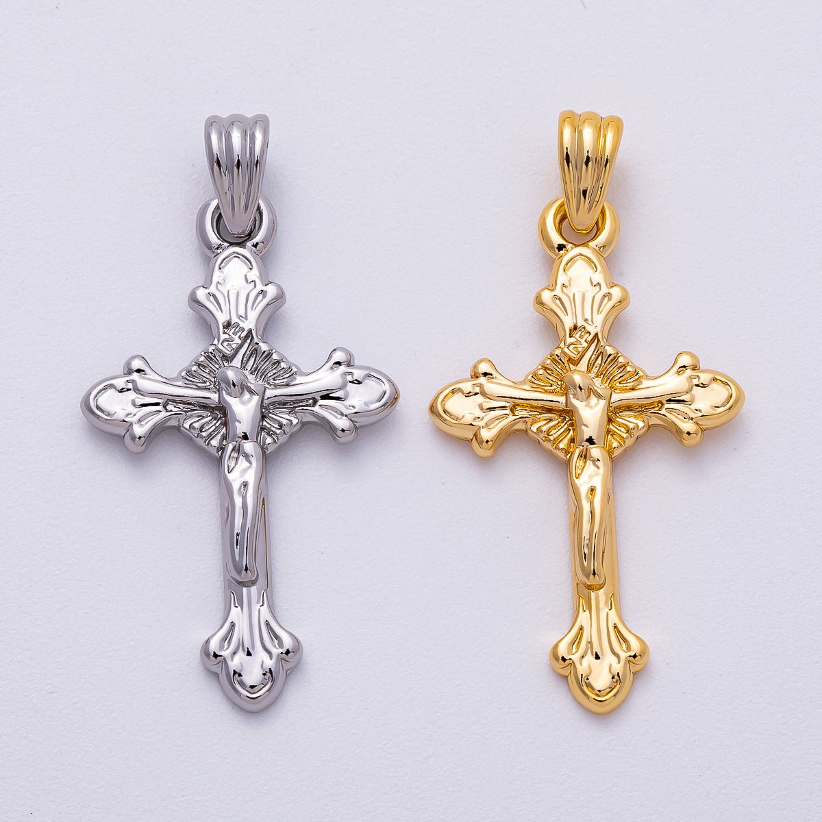 24K Gold Filled Religious Crucifix Fleur Cross Pendant in Gold &amp; Silver | AA1609