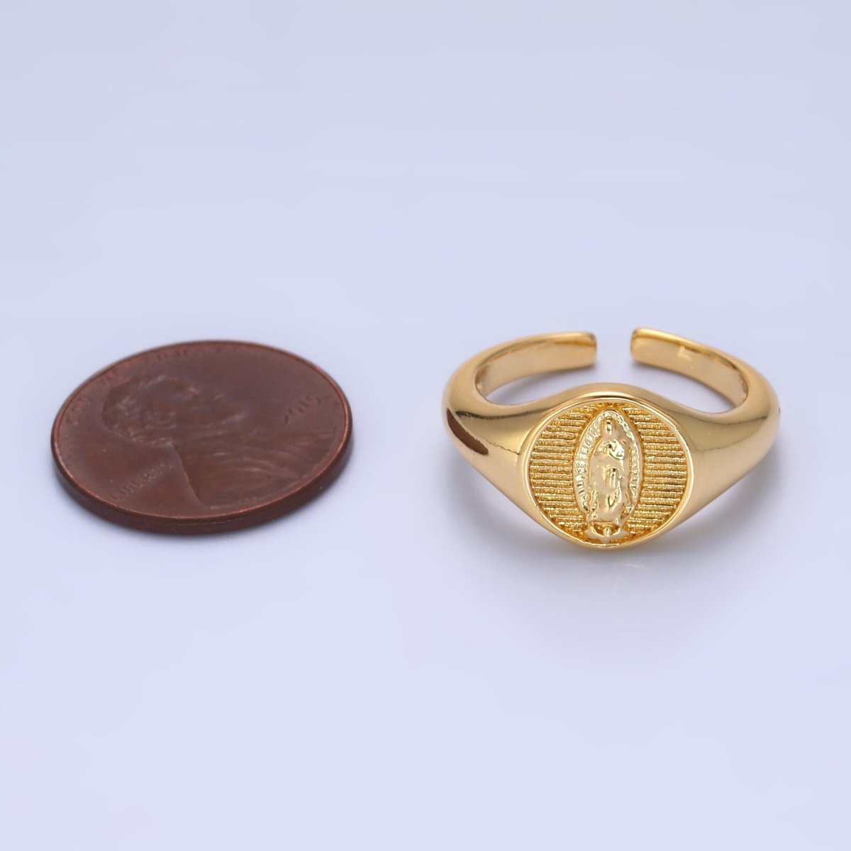 24K Gold Filled Religious Mother Mary Ribbed Signet Ring | O304-OLD