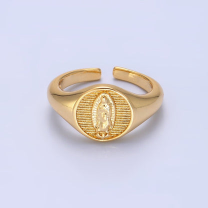 24K Gold Filled Religious Mother Mary Ribbed Signet Ring | O304-OLD