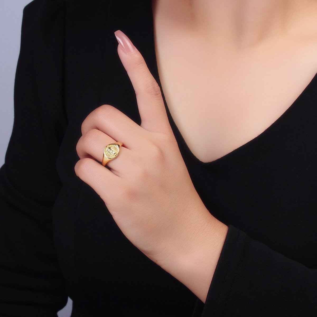 24K Gold Filled Religious Mother Mary Ribbed Signet Ring | O304-OLD