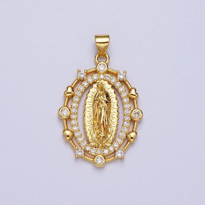 24K Gold Filled Religious Oval Micro Paved Mother Virgin Mary Heart Round Cubic Zirconia CZ Pendant For Jewelry Making H-013