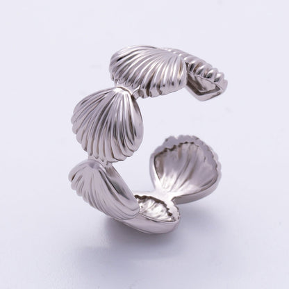 24K Gold Filled Ribbed Sea Clam Shell Adjustable Wide Ring in Gold &amp; Silver | O1462 Rings-00059