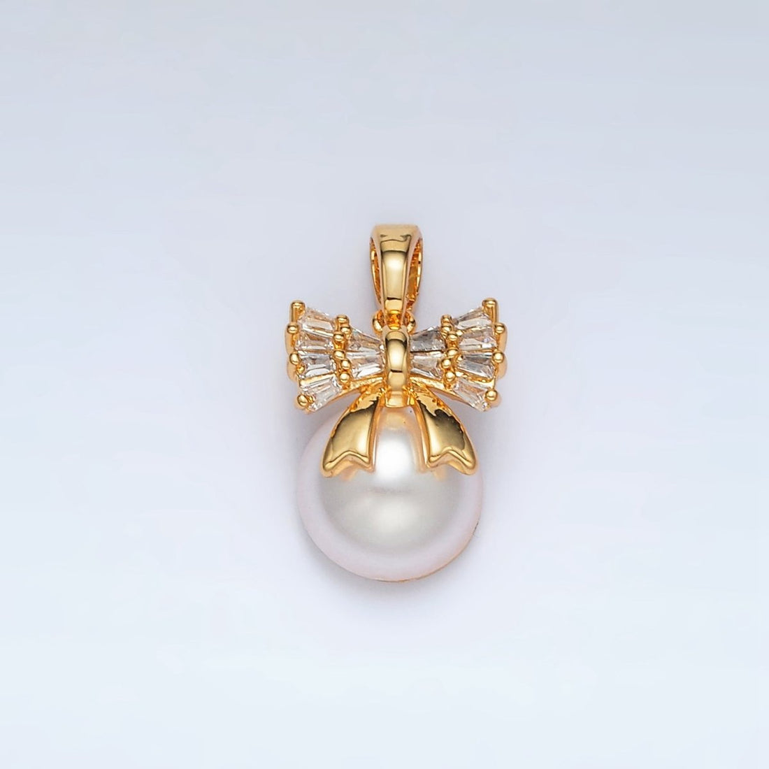 24K Gold Filled Ribbon Bow Baguette CZ Pearl Pendant | AA1408