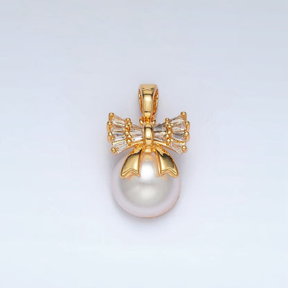 24K Gold Filled Ribbon Bow Baguette CZ Pearl Pendant | AA1408