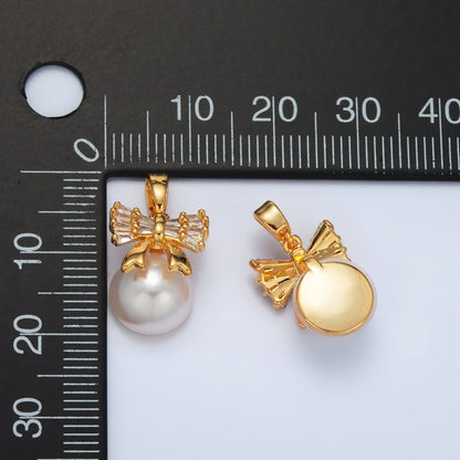 24K Gold Filled Ribbon Bow Baguette CZ Pearl Pendant | AA1408