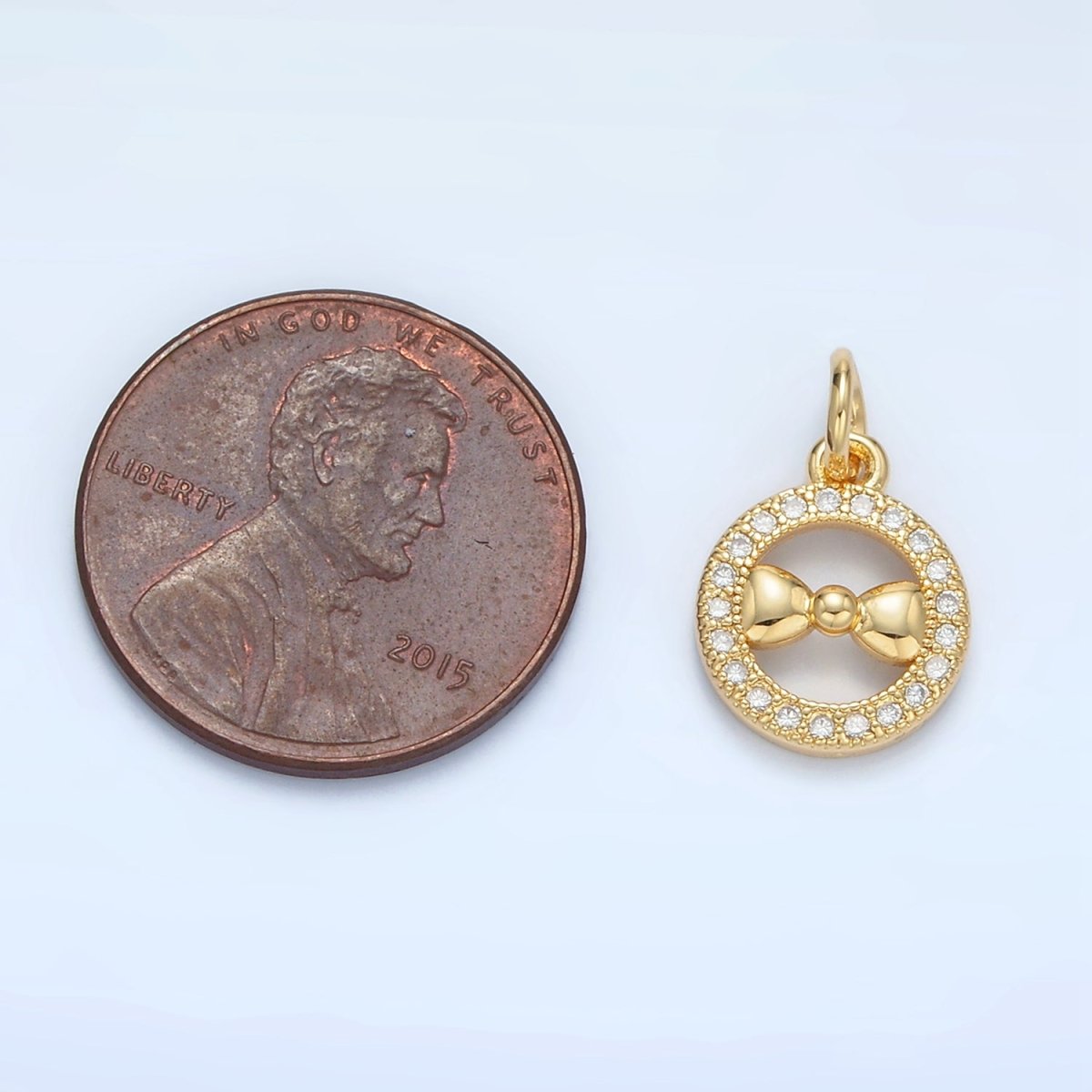 24K Gold Filled Ribbon Bow Open Micro Paved CZ Round Charm | X295