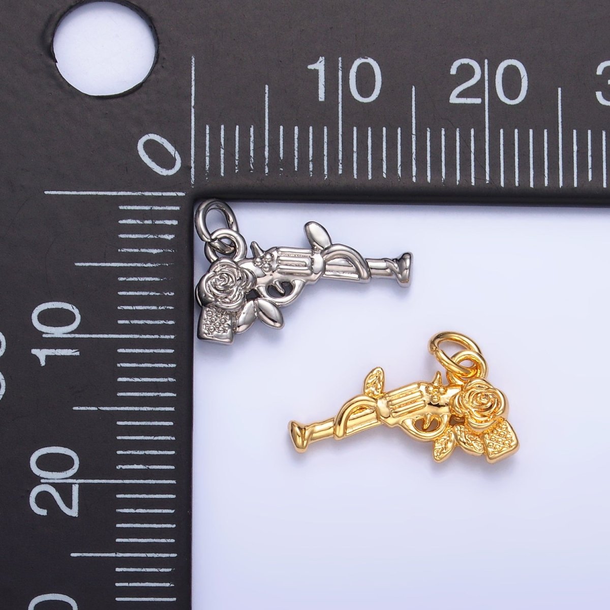 24K Gold Filled Rose Flower Gun Weapon 3D Multidimensional Charm in Gold &amp; Silver | W345
