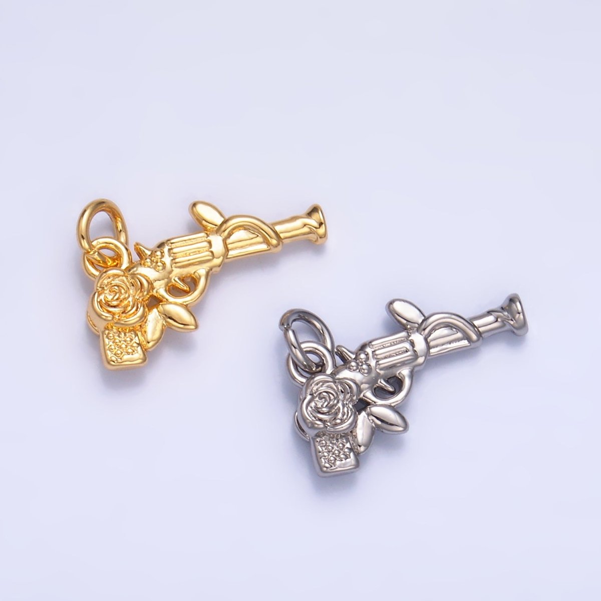 24K Gold Filled Rose Flower Gun Weapon 3D Multidimensional Charm in Gold &amp; Silver | W345