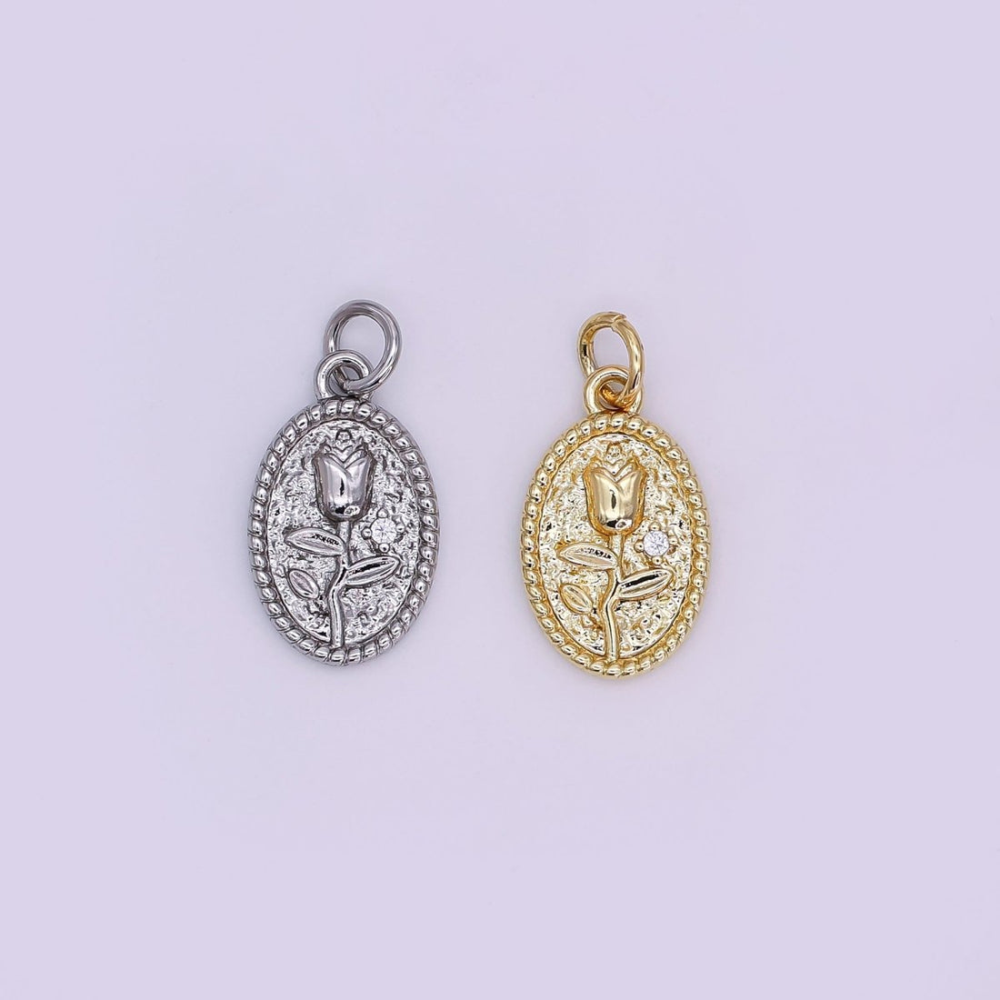24K Gold Filled Rose Flower Hammered Oval Charm in Gold &amp; Silver | N957