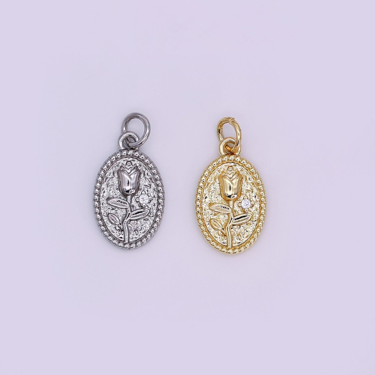 24K Gold Filled Rose Flower Hammered Oval Charm in Gold &amp; Silver | N957
