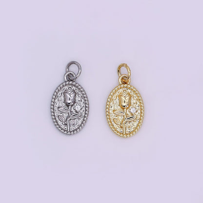 24K Gold Filled Rose Flower Hammered Oval Charm in Gold &amp; Silver | N957