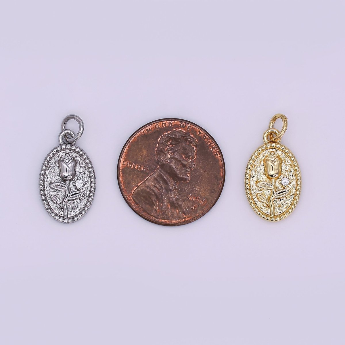 24K Gold Filled Rose Flower Hammered Oval Charm in Gold &amp; Silver | N957