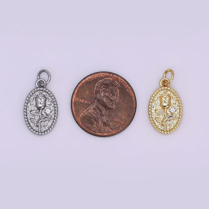 24K Gold Filled Rose Flower Hammered Oval Charm in Gold &amp; Silver | N957