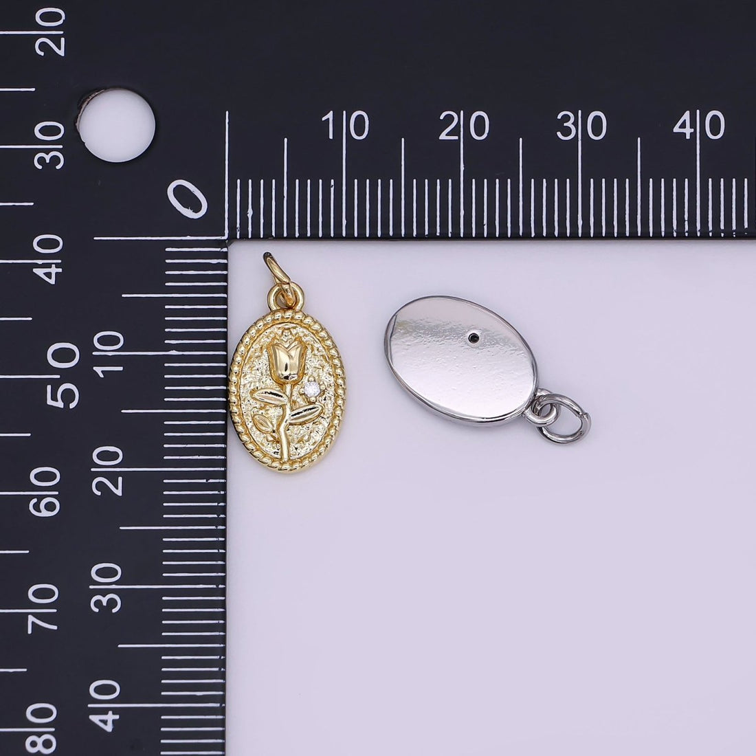24K Gold Filled Rose Flower Hammered Oval Charm in Gold &amp; Silver | N957