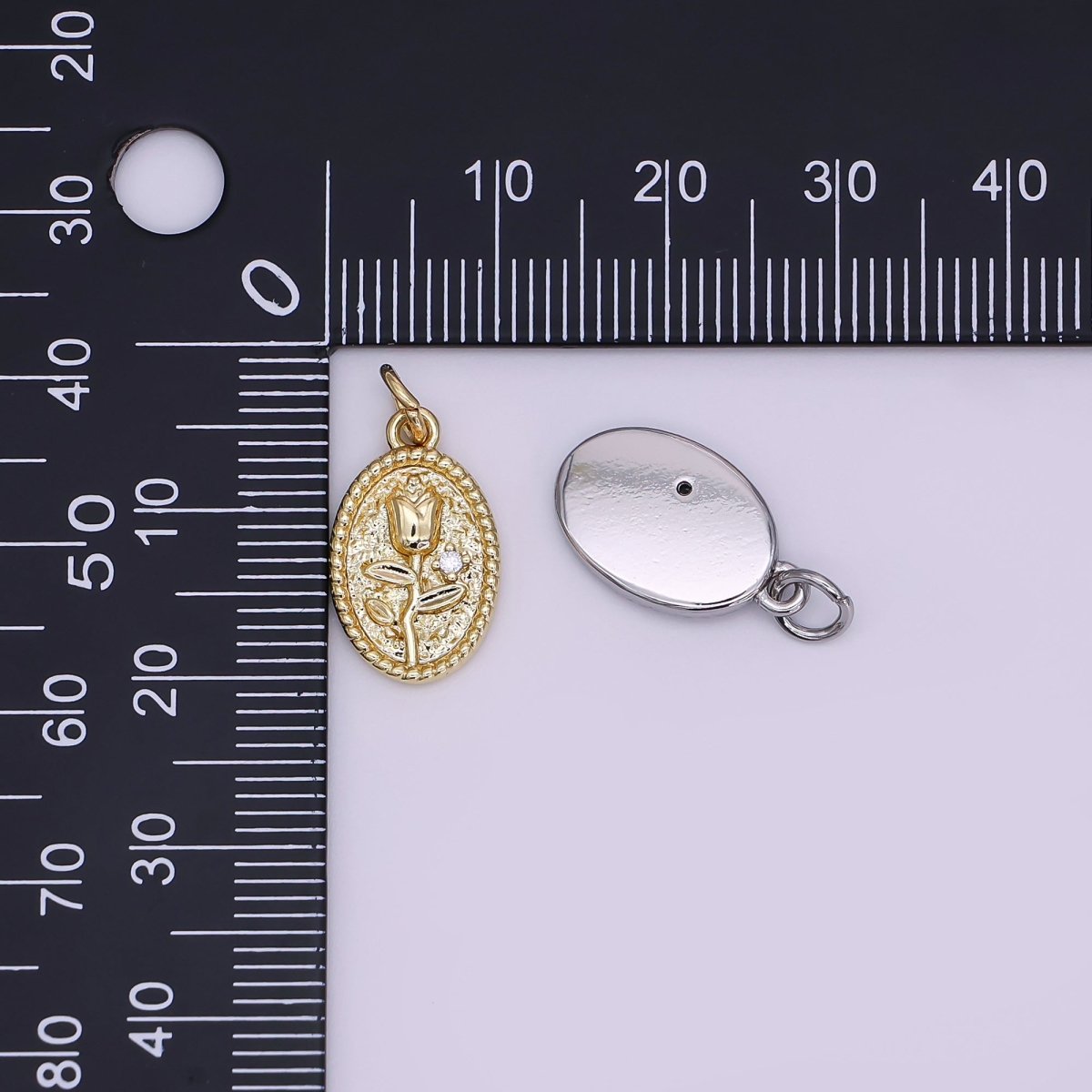 24K Gold Filled Rose Flower Hammered Oval Charm in Gold &amp; Silver | N957
