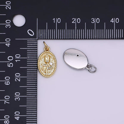 24K Gold Filled Rose Flower Hammered Oval Charm in Gold &amp; Silver | N957