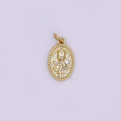 24K Gold Filled Rose Flower Hammered Oval Charm in Gold &amp; Silver | N957