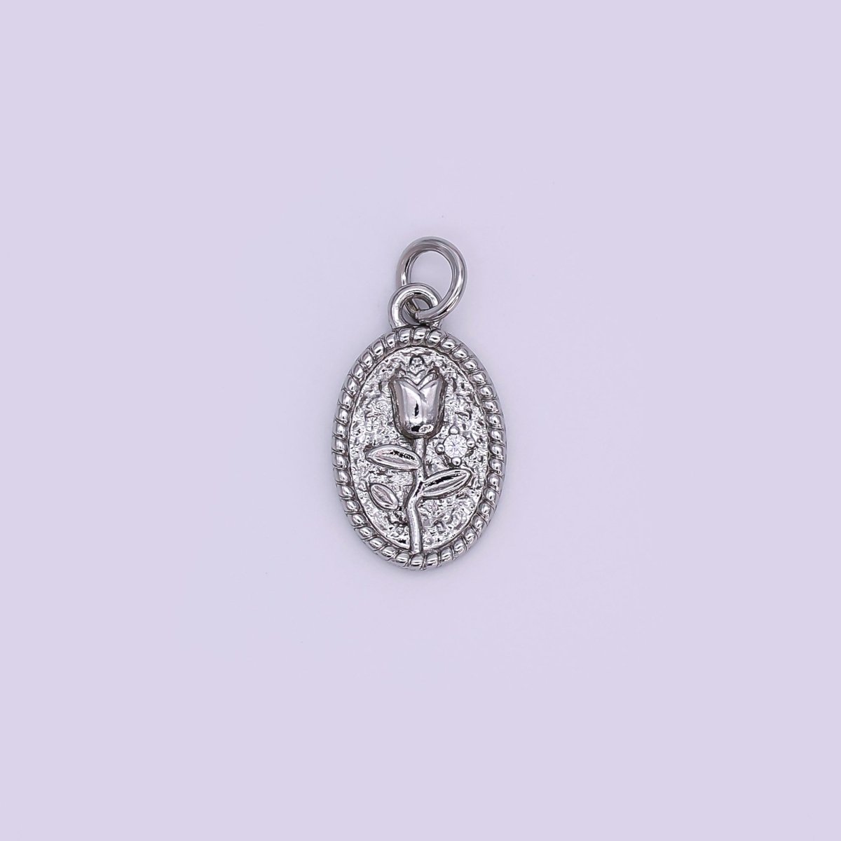 24K Gold Filled Rose Flower Hammered Oval Charm in Gold &amp; Silver | N957