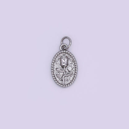 24K Gold Filled Rose Flower Hammered Oval Charm in Gold &amp; Silver | N957