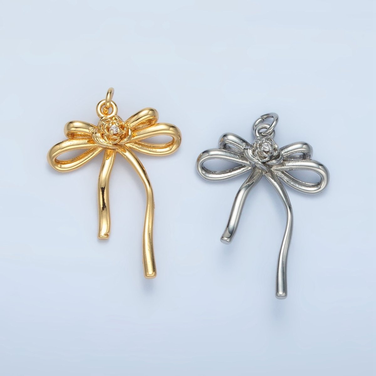 24K Gold Filled 24.5mm Rose Flower Ribbon Bow Multidimensional Charm in Gold &amp; Silver | E373