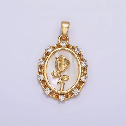 24K Gold Filled Rose Flower Shell Pearl Curb Link CZ Lined Oval Pendant | AA583